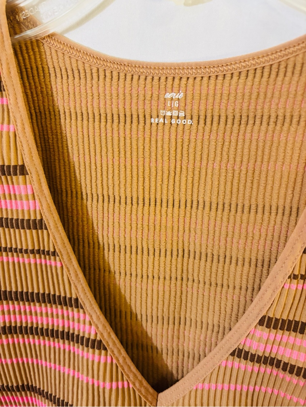 Aerie Real Good Striped Twist Front Crop Tank | Caramel Pink Brown | Large - Picture 2 of 7